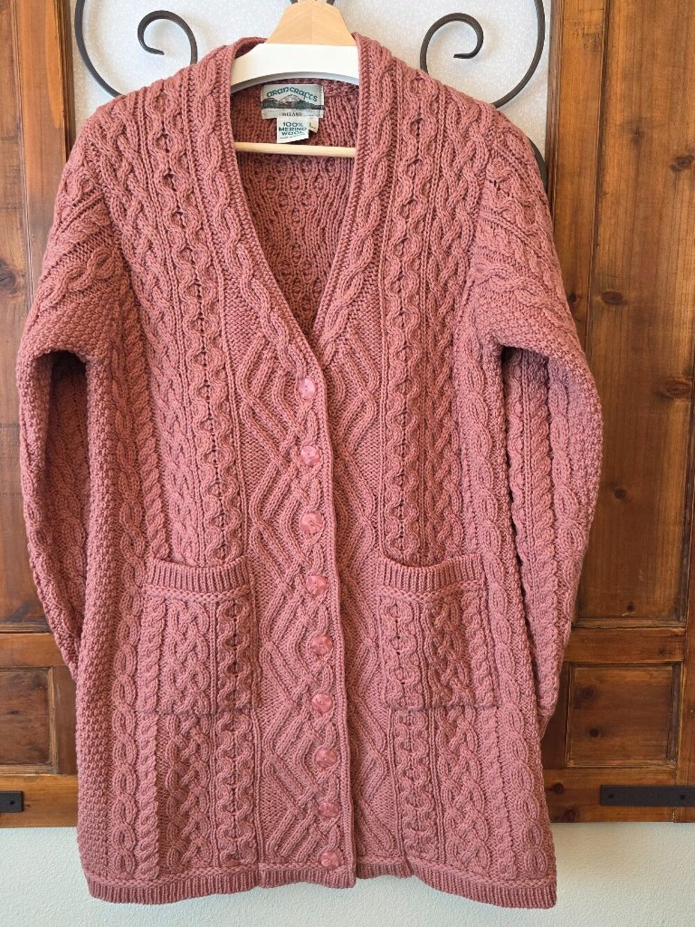 Aran Crafts 100% Merino Wool Cardigan Size L Pink Cable Chunky Knit Ireland Long